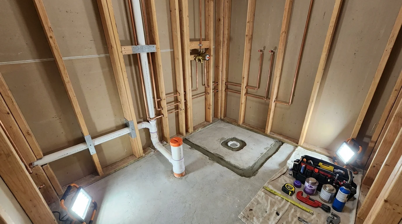 Bathroom rough-in plumbing during remodel by Johns Plumbing LLC in Fitchburg