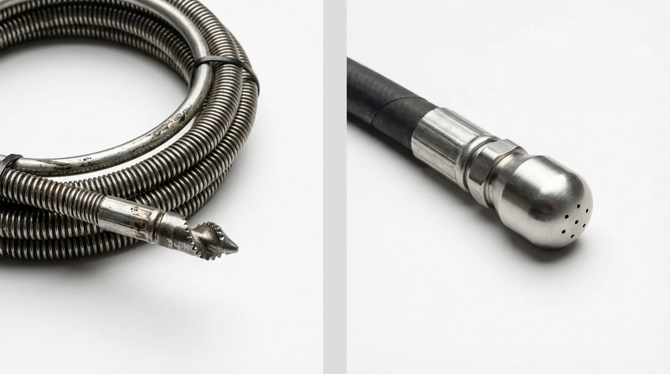 Drain snake cable and hydro jetting nozzle used for drain cleaning in Fitchburg, MA