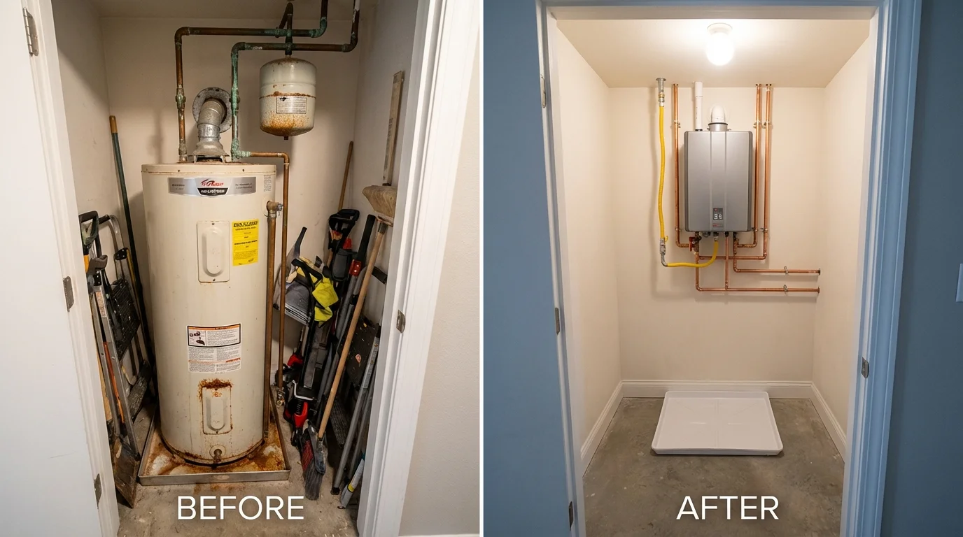 Tank water heater versus wall-mounted tankless unit comparison for Fitchburg, MA homeowners