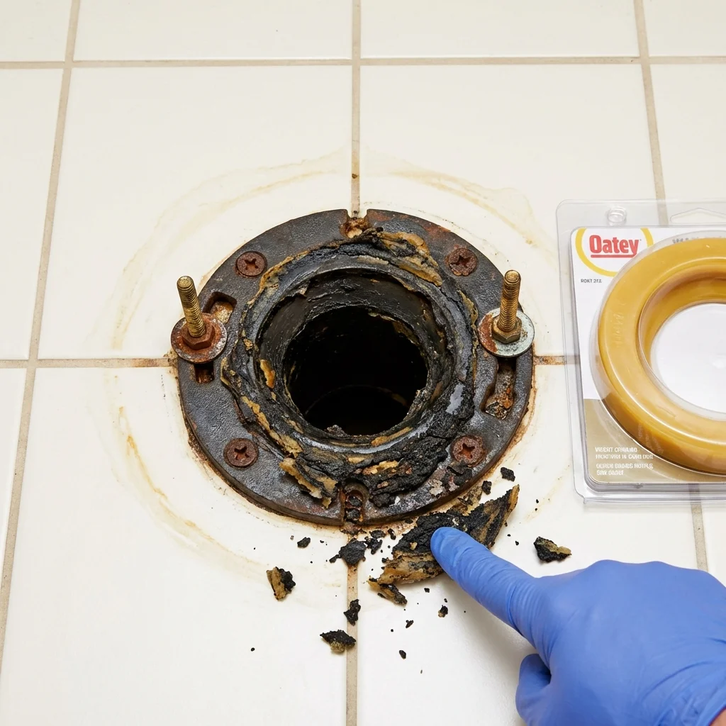 Failed wax ring showing water seepage at the base of a toilet in a Fitchburg, MA home