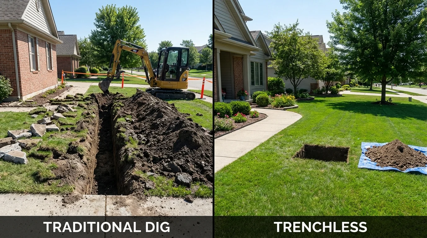 Trenchless sewer repair with minimal yard damage versus traditional excavation in Fitchburg, MA