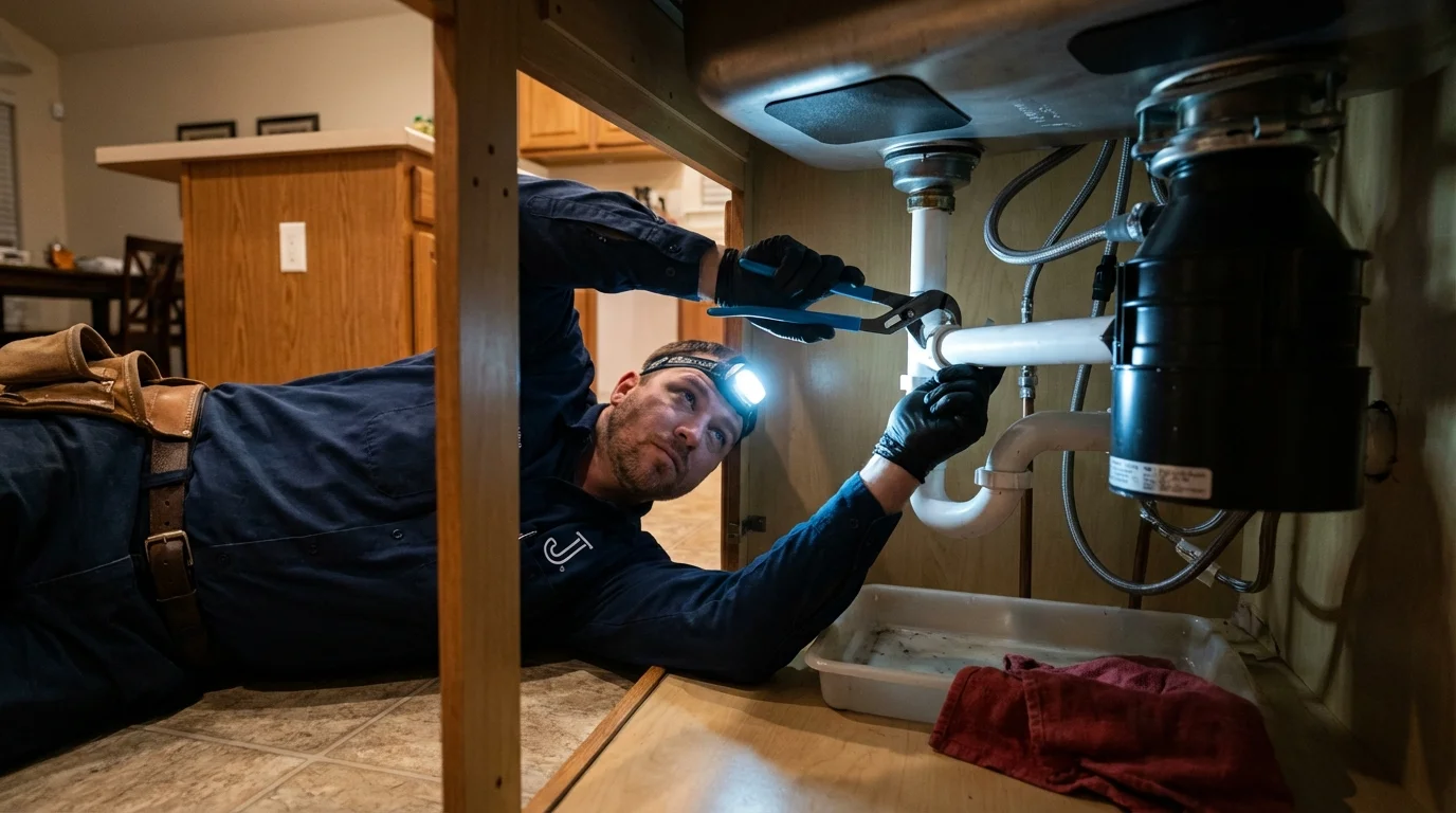 P-trap and supply line connections under a kitchen sink showing a common leak point in Fitchburg, MA
